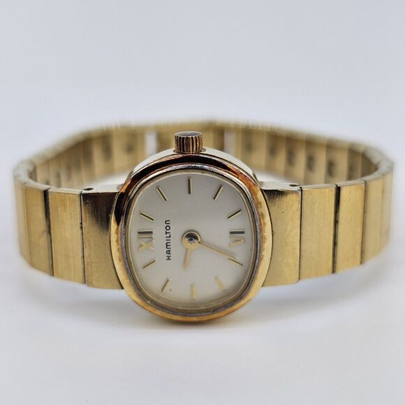 Hamilton Women's Watch 19MM Cream Dial Gold Case Bracelet 5.5" Wrist New Battery - Picture 2 of 11